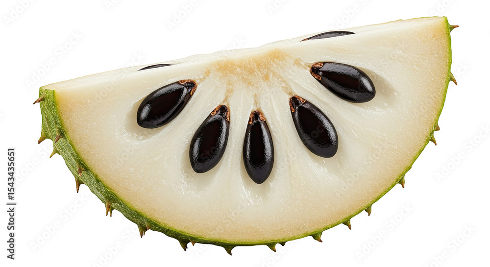 Poster close up of a sliced soursop fruit with black seeds on a black background