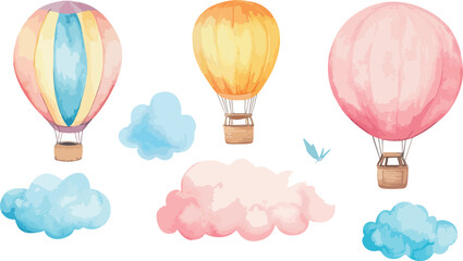 Watercolor Illustration of Hot Air Balloons and Clouds in Pastel Colors Perfect for Baby Shower Invitations Nursery Decor or Children s Book Illustrations Isolated on