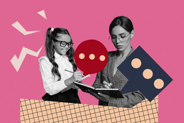 Zine art magazine picture sketch collage image of two happy mother daughter school nerd pupil write...