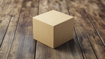 Empty cardboard cube on a wooden surface.