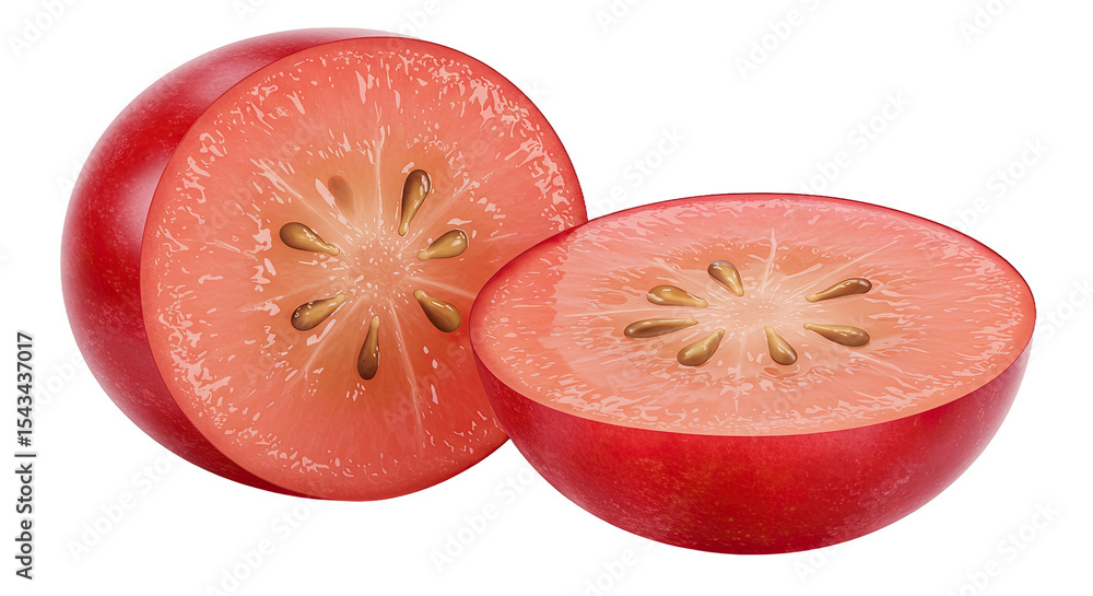Poster close up of a sliced red fruit showing the interior structure and seeds