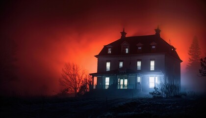 Grande maison victorienne éclairée dans la nuit brumeuse – Ambiance inquiétante et cinématographique, idéale pour projets d’horreur, thriller ou jaquette de film