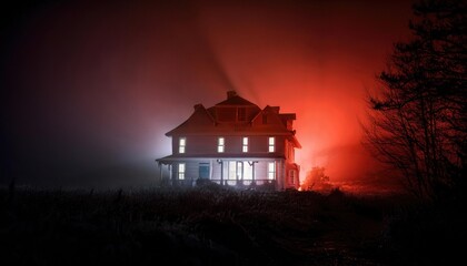 Grande maison victorienne éclairée dans la nuit brumeuse – Ambiance inquiétante et cinématographique, idéale pour projets d’horreur, thriller ou jaquette de film