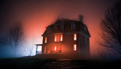Grande maison victorienne éclairée dans la nuit brumeuse – Ambiance inquiétante et cinématographique, idéale pour projets d’horreur, thriller ou jaquette de film