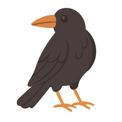 Cute black crow with orange beak. Cartoon vector illustration in flat spooky style.