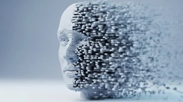 A 3d rendering of a human head made of cubes disintegrating into pixels