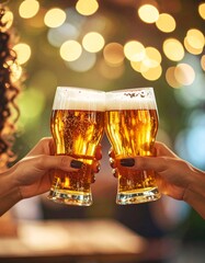 Un brindis entre amigos con vasos de cerveza durante una celebración. Fiesta, alcohol, amistad, alegría