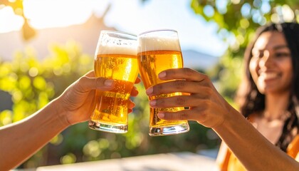 Un brindis entre amigos con vasos de cerveza durante una celebración. Fiesta, alcohol, amistad, alegría