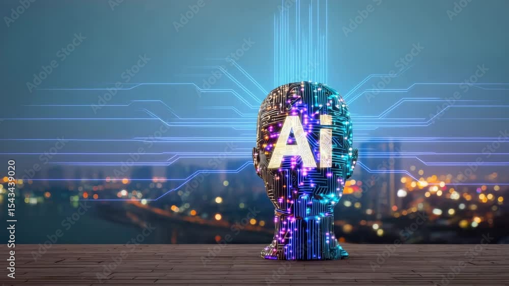 Aufkleber a human head made from a printed circuit board, illuminated by the letters 