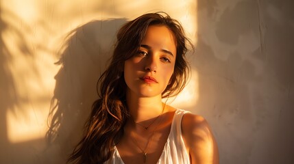 Portrait of a beautiful young woman with long brown hair and light makeup, wearing a white dress, standing in front of a white concrete wall with sunl