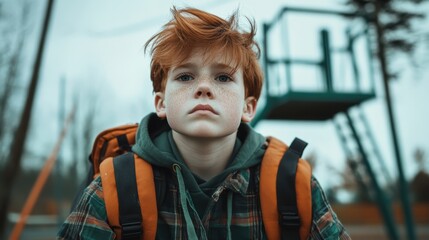 A young boy with striking red hair sits thoughtfully with a backpack at a playground, capturing a moment of reflection and curiosity against a gray backdrop.