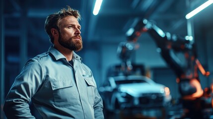 Obraz premium A focused mechanic stands confidently amidst advanced automotive technology in a modern workshop, embodying dedication to craftsmanship and innovation in the automotive industry.