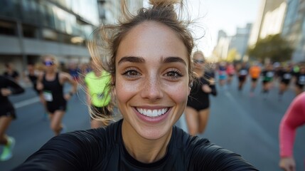 A smiling woman captures the joy of running in a vibrant race, surrounded by a multitude of participants, reflecting the spirit of community and competition.