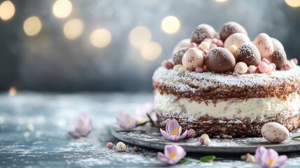 An irresistible cake features chocolate eggs and delicate flowers, dusted with powdered sugar, set against a dreamy, softly lit background, perfect for special occasions.
