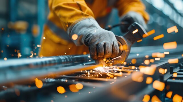 A focused worker in protective gear skillfully operates a grinding tool, creating sparks while shaping metal, showcasing industrious craftsmanship and determination.