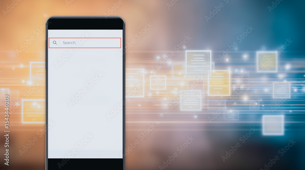 Poster smart search: a smartphone in front of an artistic digital design that represent searching, a visual