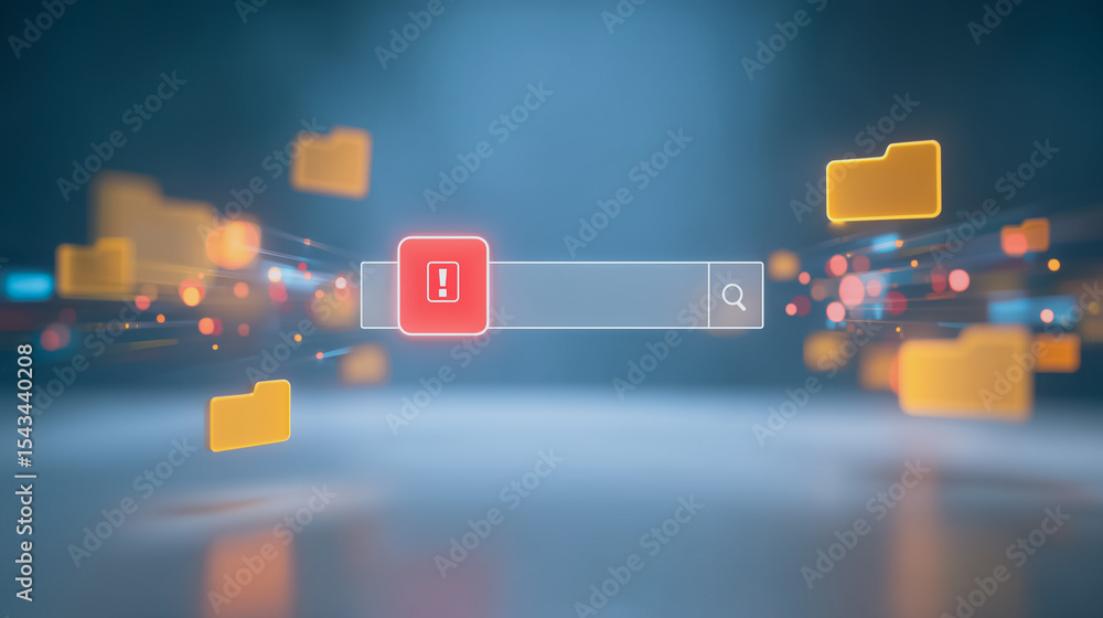 Poster data search error: a digital representation of a search interface, with a warning icon and file fold