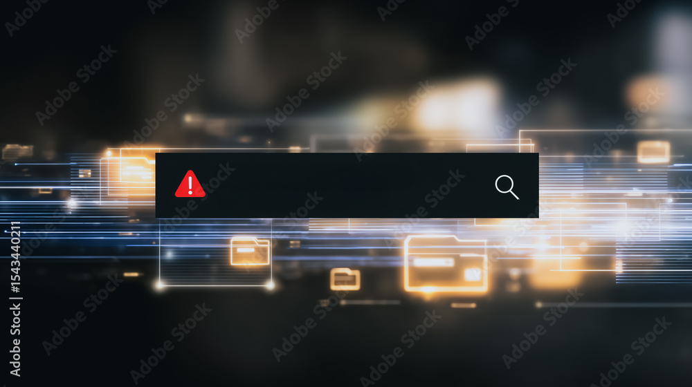 Poster search bar error: a stark search bar, emblazoned with a red warning sign, looms against a backdrop o