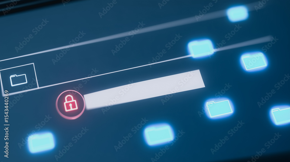 Poster digital security: a digital screen glows with a complex user interface, symbolizing security and the