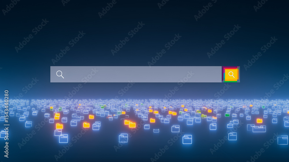 Poster search bar on digital data: a captivating visual narrative of digital exploration, where a search ba