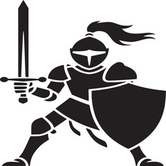 A black silhouette of a knight in armor holding a sword and shield in a defensive stance on white