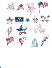 USA Patriotic Stickers Pack – 4th of July Fireworks, Flags, and Stars Vector Set