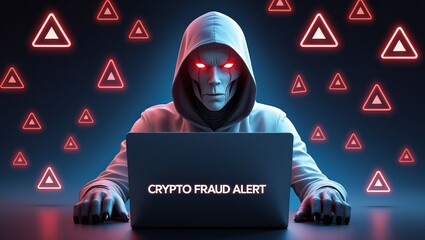 A sinister figure in a hoodie with glowing red eyes warns about crypto fraud, embodying the dark side of digital finance.
