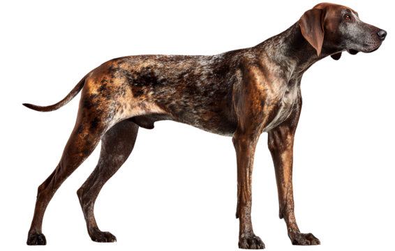 Hound dog standing in side view, with its full body isolated on a transparent background