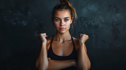 Close-up portrait of a young determined woman with freckles and brown hair in a ponytail wearing a black sports bra looking at the camera with her arm