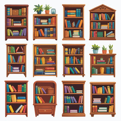 Collection of wooden bookcases with books and plants