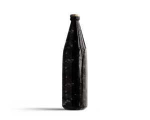 A dark glass bottle with condensation, suggesting a refreshing beverage inside.