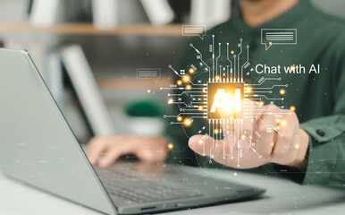 Man using hand AI, Artificial Intelligence to generate content. Text to image, smart AI, by...