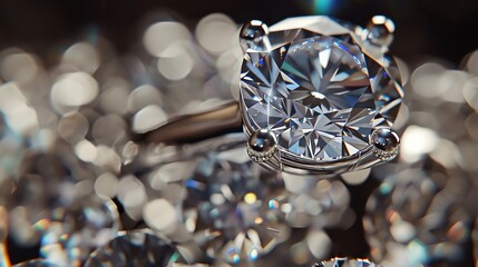 Close-up of a beautiful diamond ring with a round cut diamond surrounded by smaller diamonds on a black background.