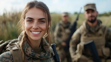 A smiling female soldier dressed in camouflage gear stands confidently outdoors, embodying strength, resilience, and camaraderie with fellow military members in the backdrop.