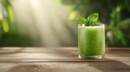 A refreshing green drink garnished with fresh basil leaves sits elegantly on a wooden table, symbolizing freshness, health, and natural ingredients in a serene atmosphere.