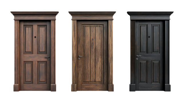 Pack Collection Three Realistic Wooden Door Models Dark Brown and Black set against transparent background