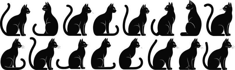 Charming Black Cat Silhouettes: Versatile Sitting Poses in Black and White, Ideal for Whimsical and Mystical Design Projects flat vector illustration