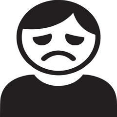 A simple black and white icon of a sad person with a downturned mouth and downward turned eyes