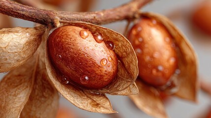 Artistic close-up of argan nuts with water droplets on a branch
