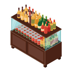 Isometric view of grocery store display with bottles and canned goods