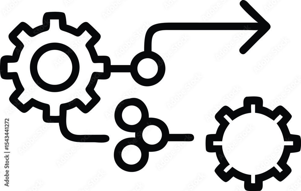 Poster process automation: line art depicting connected gears with an arrow, representing systems integrati