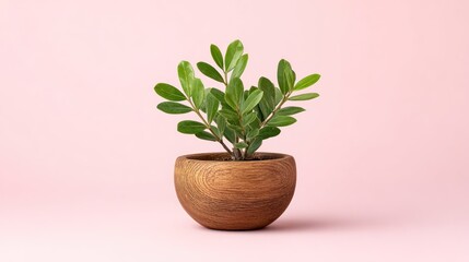 Fototapeta premium Fresh Green Plant in Wooden Pot Against Soft Pink Background