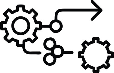 Process Automation: Line Art Depicting Connected Gears with an Arrow, Representing Systems Integration, Workflow Optimization, and Simplified Solutions in Black and White.