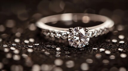 This is a stunning close-up image of a diamond engagement ring. The ring is made of white gold and features a round brilliant cut diamond.