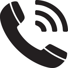 A black and white illustration of a telephone handset with signal waves emanating from the receiver