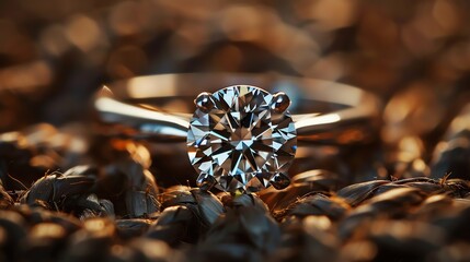 Close-up of a beautiful diamond engagement ring on a wheat field. The ring is made of white gold and has a round brilliant cut diamond in the center.