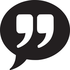 A black speech bubble with quotation marks inside on a white background in a simple vector style