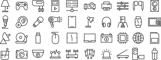 Technology and Electronics Line Icons set – Gadgets, Media Devices, Smart Tech, and Digital Equipment