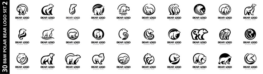 Set of 30 abstract polar bear logo templates in monochrome vector style. Ideal for branding, identity, and wildlife-themed designs.