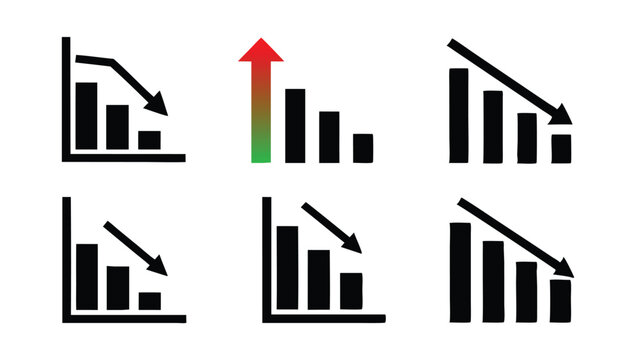 Stock market arrow vector icon silhouette set, financial chart with upward and downward trend, price rise and fall